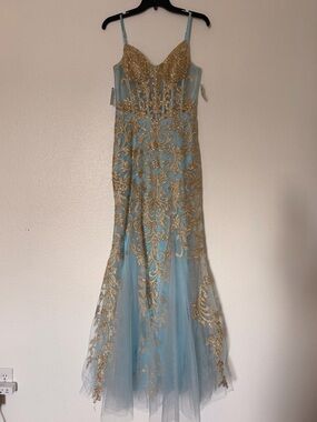 Windsor Blue and Gold Embroidered Tulle Gown